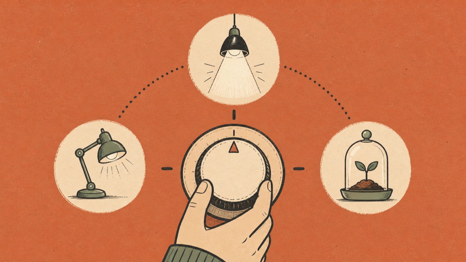 A simple decision card on warm terracotta paper: "Weak signal? Reduce attention. Keep the app alive. Keep the lesson." A small hand-drawn dial has Focus, Maintain, and Incubate marked around it.