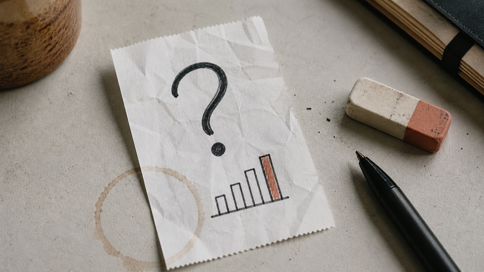A muted receipt-style graphic: "More posts" crossed out, then "Can I measure the result?" written below in large plain type. One small coffee-ring stain and a hand-drawn check box.